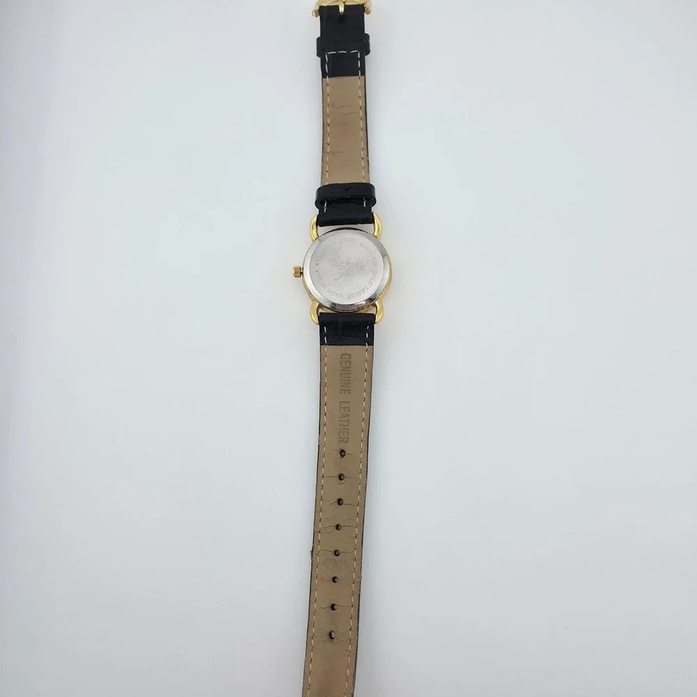 Vtg BLACK HILLS GOLD Ladies Watch 12K Rose & Yellow Gold Leaves Black Band 7.5